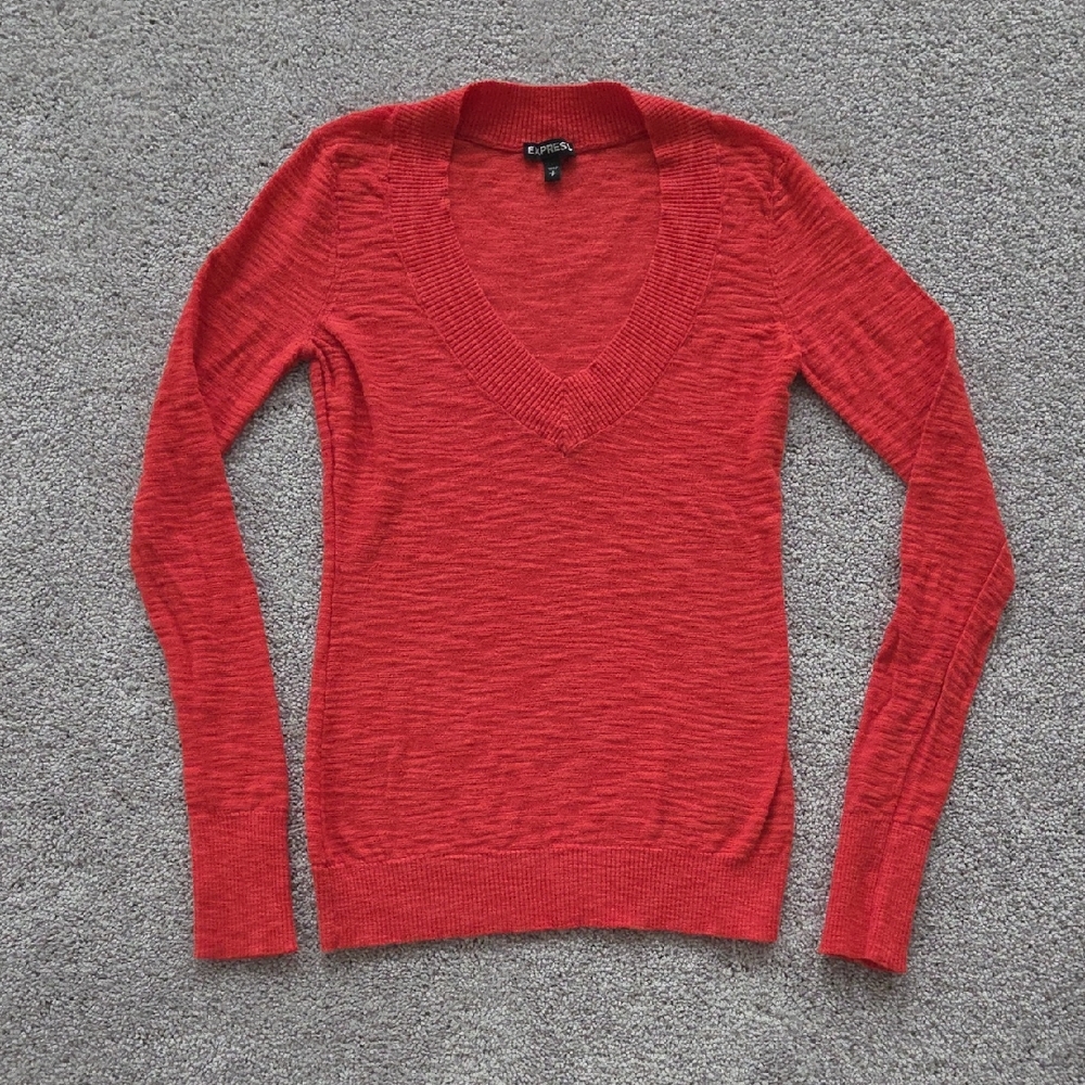Express Vibrant Coral V-Neck Sweater